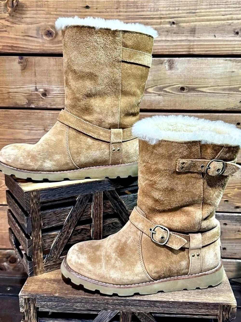 UGG Noira Chestnut Suede Shearling Buckle Boots Women’s Size 7